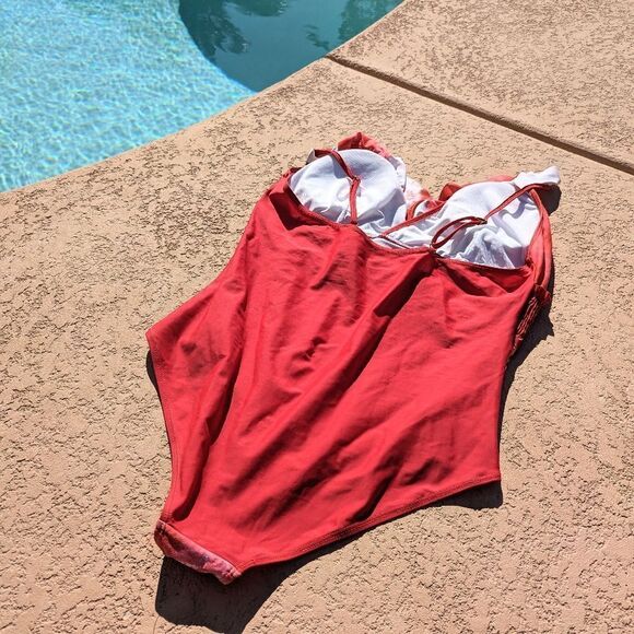 Women's marble red/white one-piece swimsuit - Picture 3 of 16
